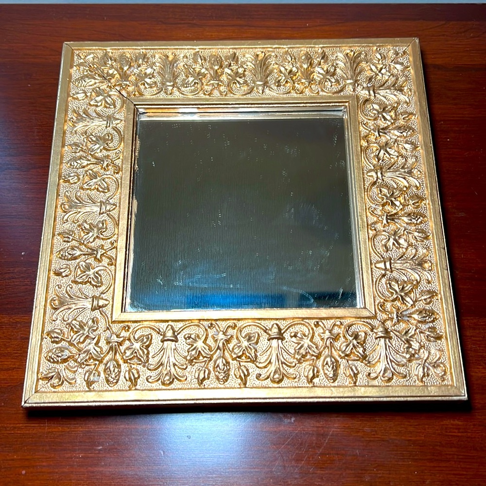 8x8” Vintage Hollywood Regency Ornate Gold Gilt Square Wall Mirror
